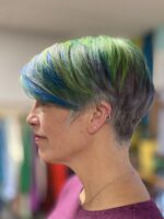 pixie haircut, gray, blue and green
